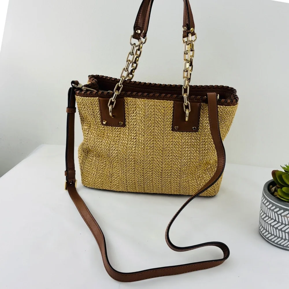 Michael Kors Straw Rattan Brown Leather Gold Chain Summer Bag Purse